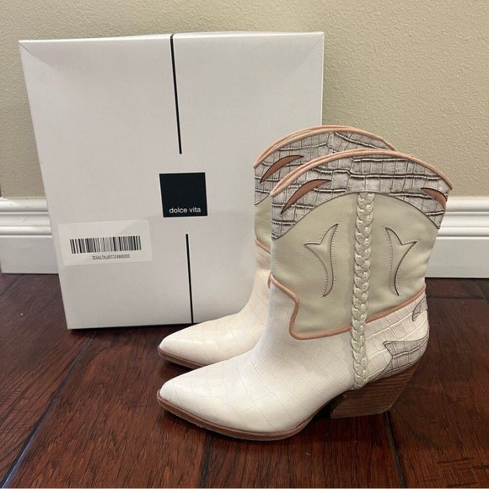 Dolce Vita White Croc Embossed Leather Western Boots Size 6.5